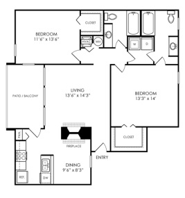 the floor plan for a two bedroom apartment at The Evaline